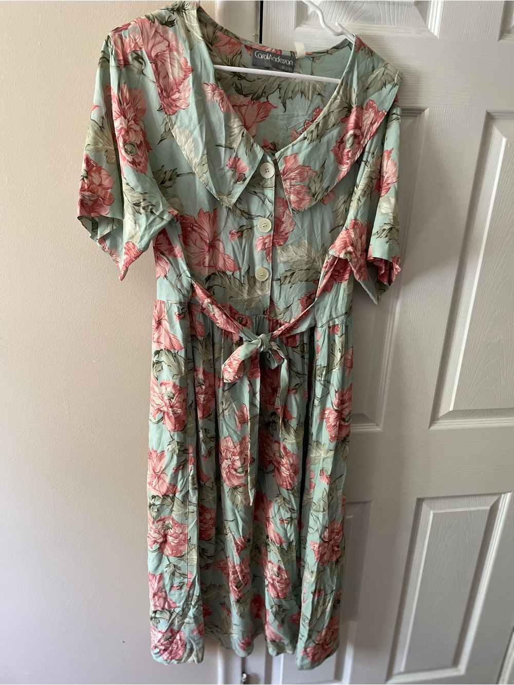Floral Midi Dress in Light Blue with Pink Blooms